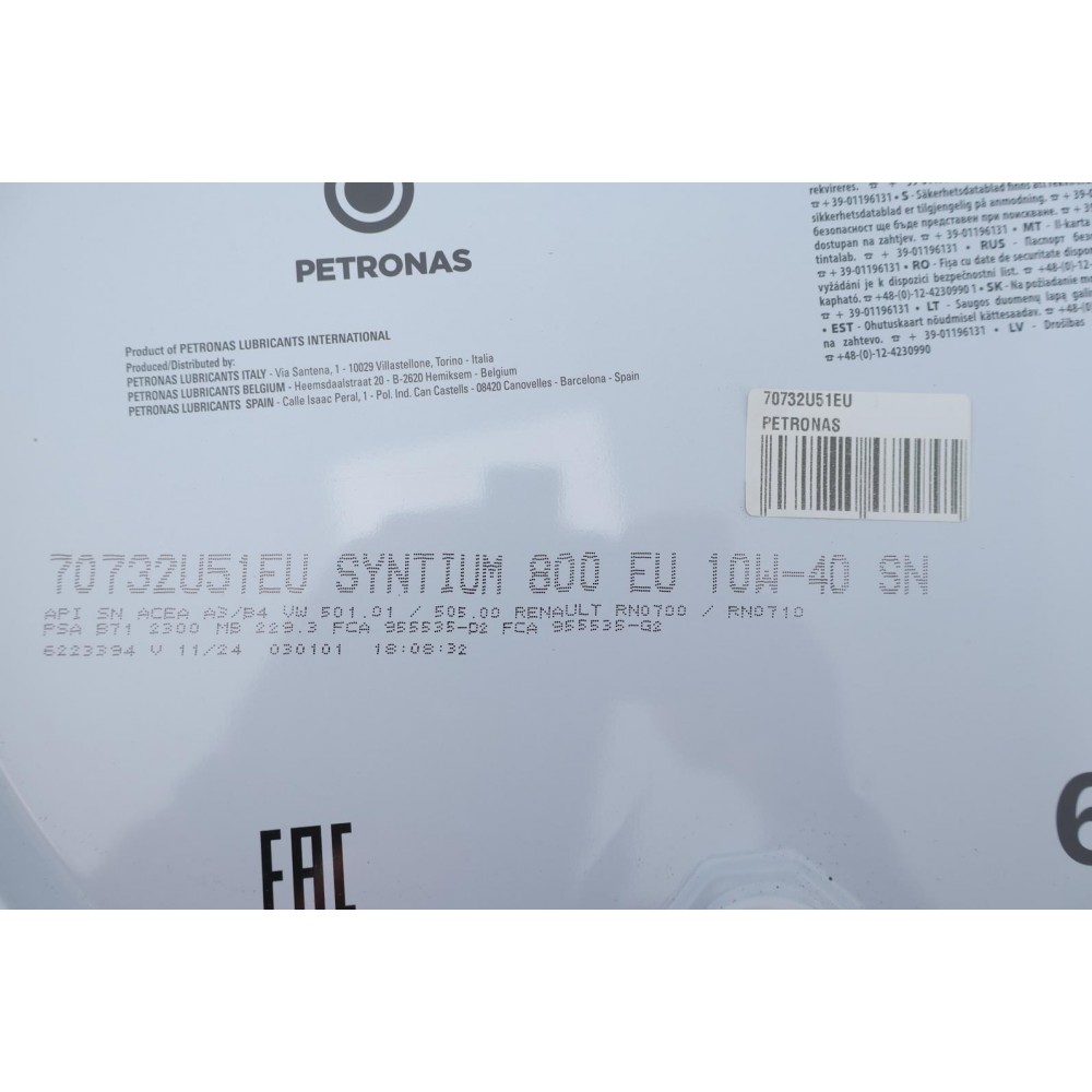 Олива 10W40 SYNTIUM 800 EU (60L) (ACEA A3/B4/API SN/MB 229.3/VW 501.01/505.00/RN0700/RN0710)