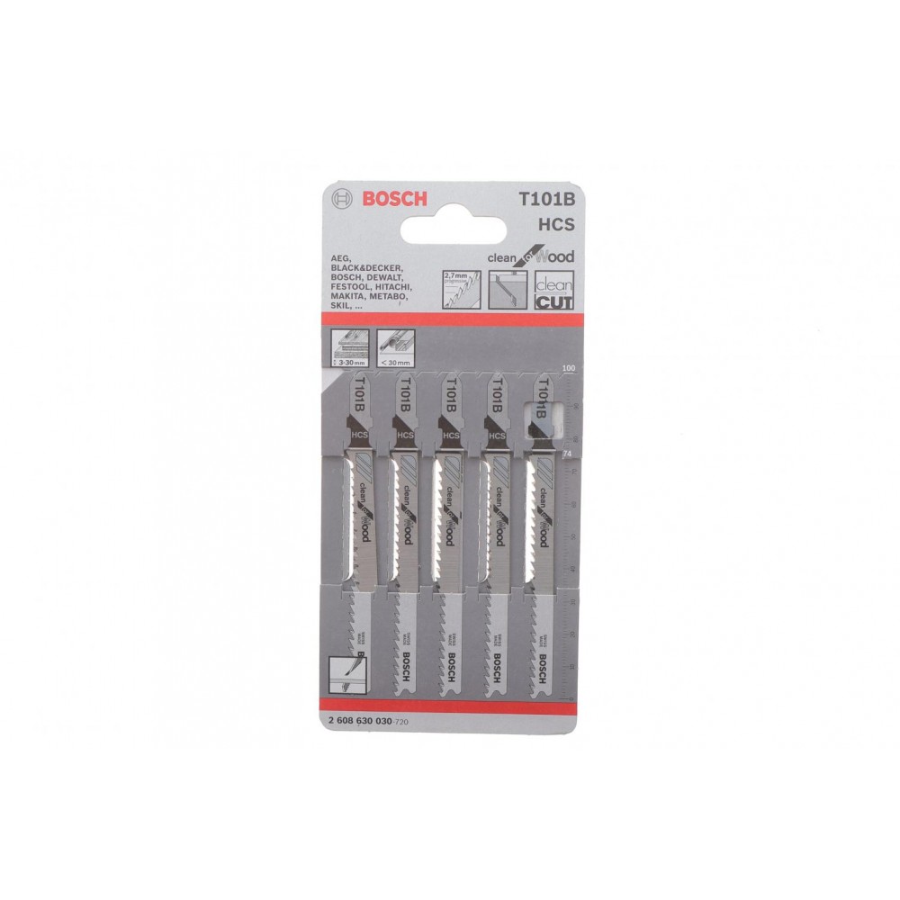 2608630030 Bosch Bosch Полотно пиляльне для електролобзика по дереву T101B, HCS лобзикова, 5шт