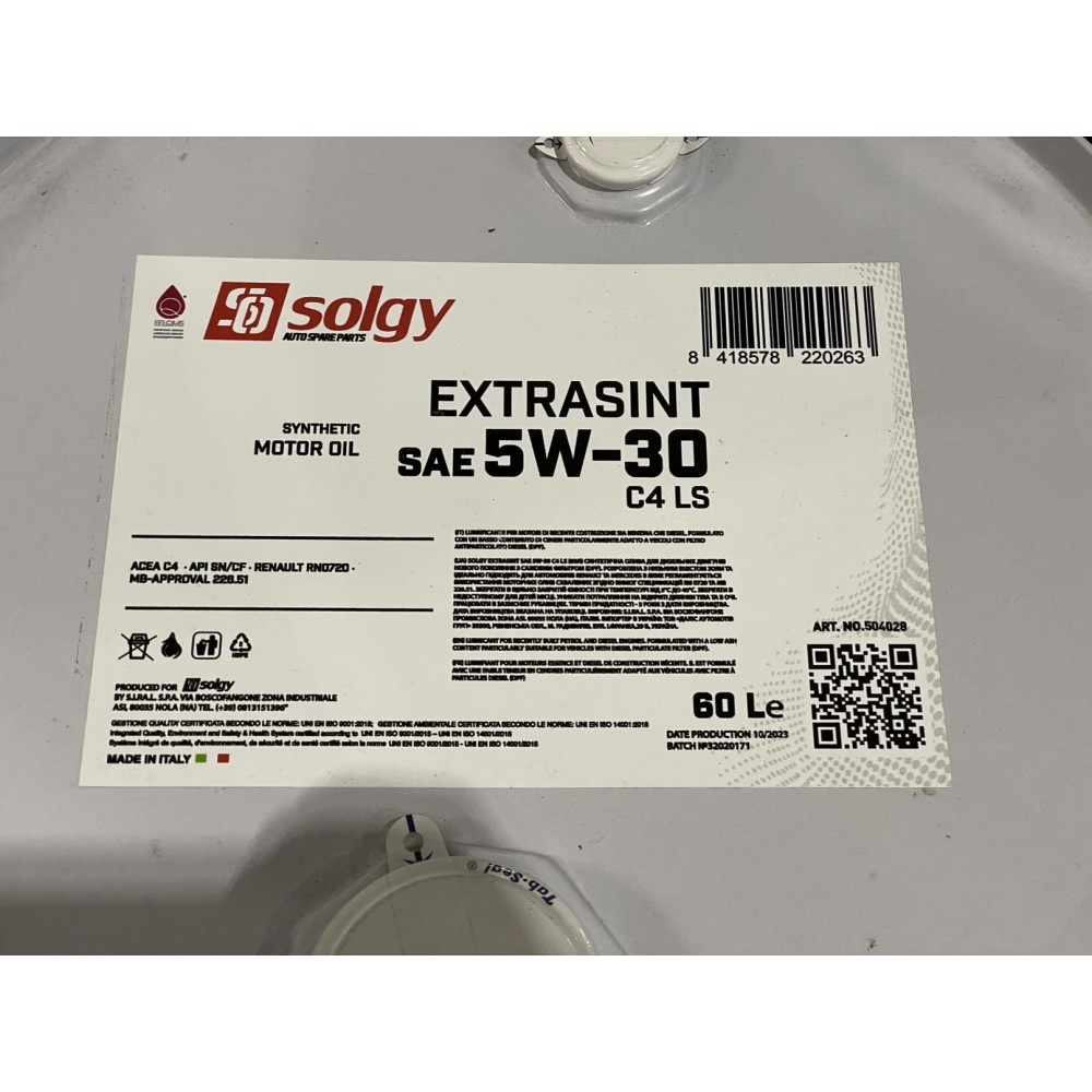 Олива 5W30 EXTRASINT C4 LS (60L) (RN 0720/MB226.51/API SN/CF/ACEA C4 сумісний A3/B4)