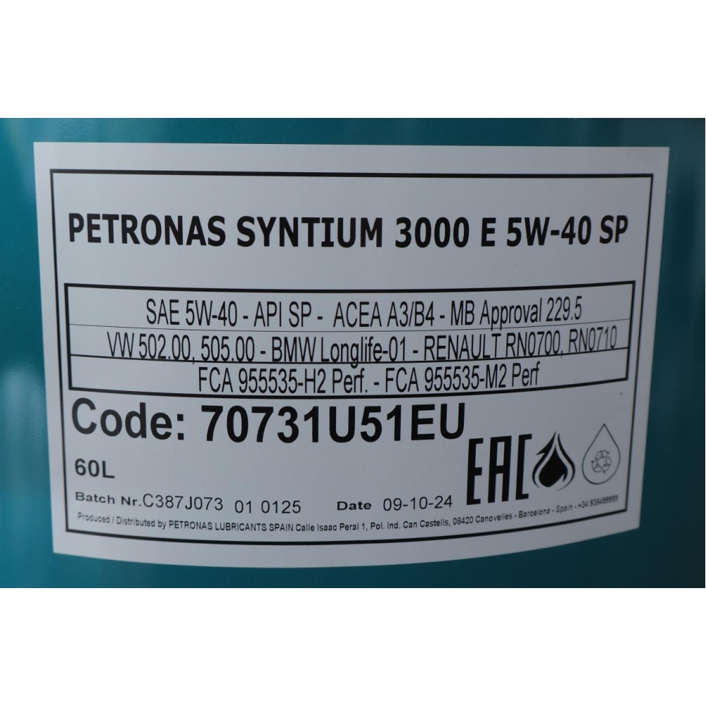 Олива 5W40 SYNTIUM 3000 E (60L) (MB 229.5/VW 502.00/505.00/LL-01/RN0700/RN0710) (API SP)(ACEA A3/B4)
