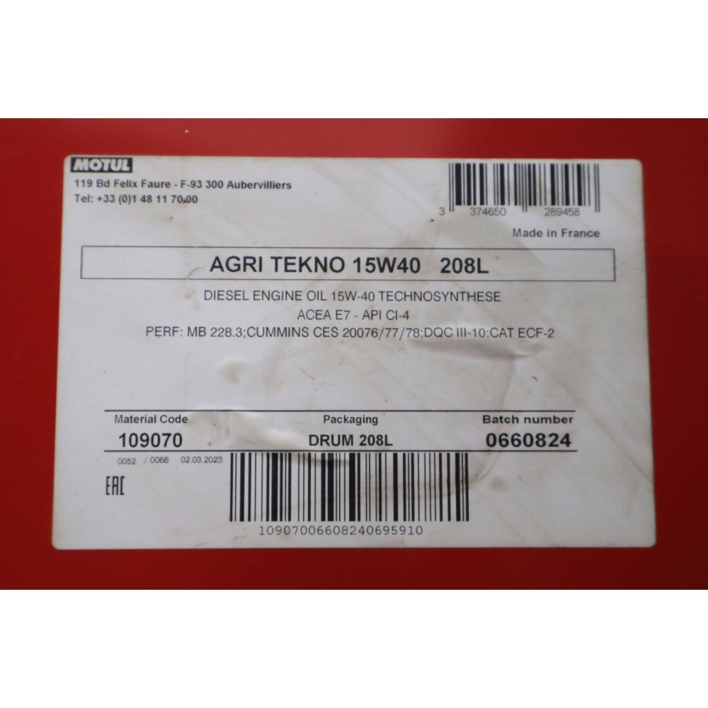 Олива 15W40 Agri Tekno SAE (208 л) (MB 228.3/CUMMINS: CES 20078/20077/DEUTZ: DQC III 10/CAT ECF-2)